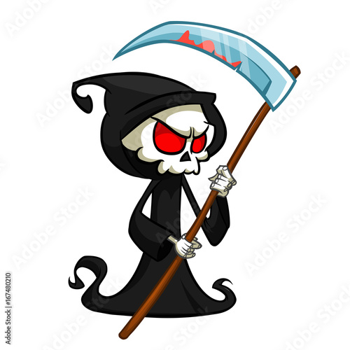 Grim reaper cartoon character with scythe isolated on a white background. Cute death character in black hood