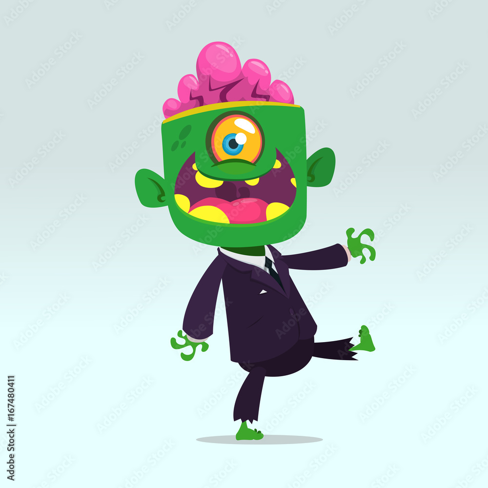 Obraz premium Vector cartoon funny green zombie with big head business suit isolated on a light gray background. Halloween vector illustration.