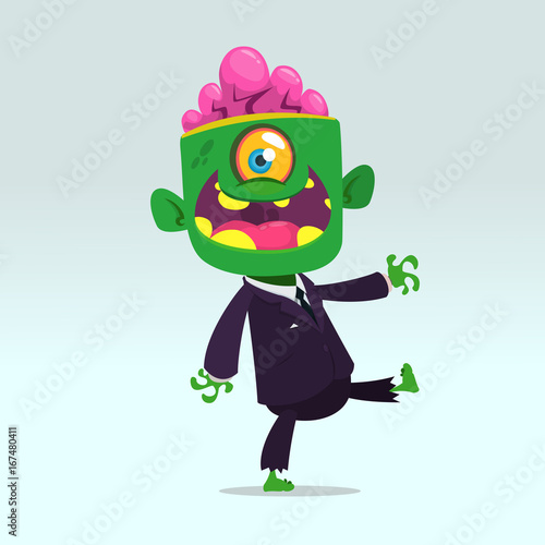 Vector cartoon funny green zombie with big head business suit isolated on a light gray background. Halloween vector illustration.