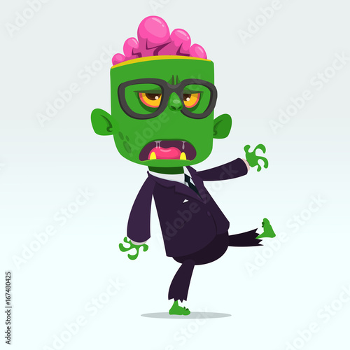 Vector cartoon funny green zombie with big head business suit isolated on a light gray background. Halloween vector illustration.