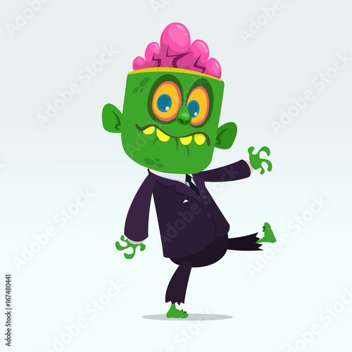 Vector cartoon funny green zombie with big head business suit isolated on a light gray background. Halloween vector illustration.