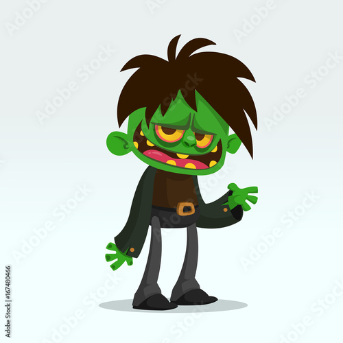 Vector cartoon image of a funny green zombie business suit isolated on a light gray background. Halloween vector illustration.