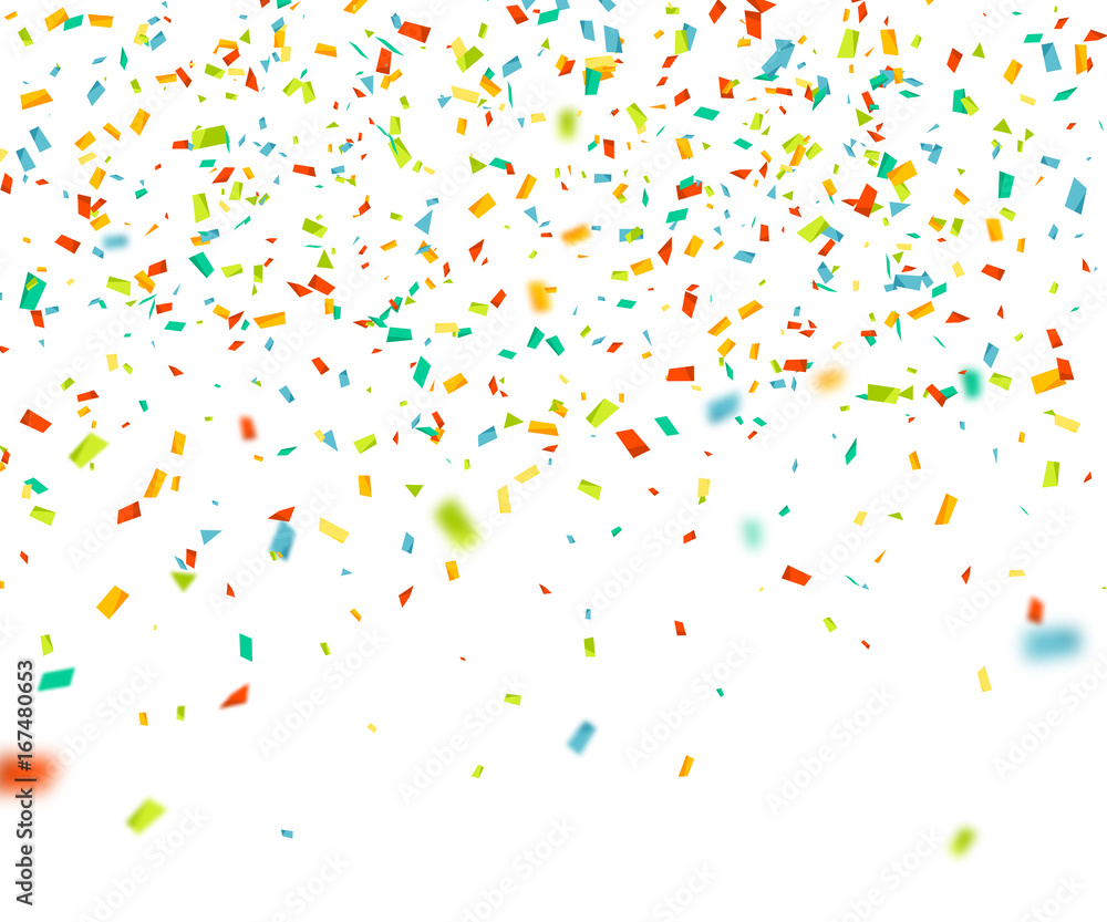 Colorful confetti falling randomly. Abstract background with flying particles. Vector illustration can be used for greeting card, carnival, celebration.