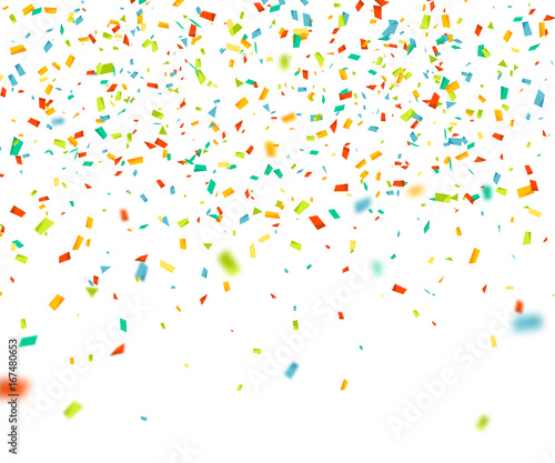Colorful confetti falling randomly. Abstract background with flying particles. Vector illustration can be used for greeting card, carnival, celebration.