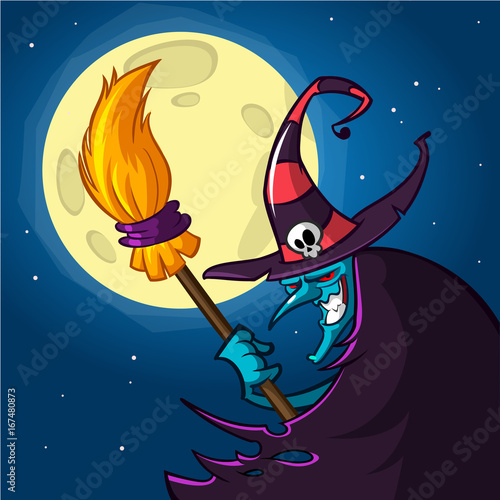 Cartoon witch with a broom. Halloween vector illustration isolated on scary night background with full moon. Poster or greetings card