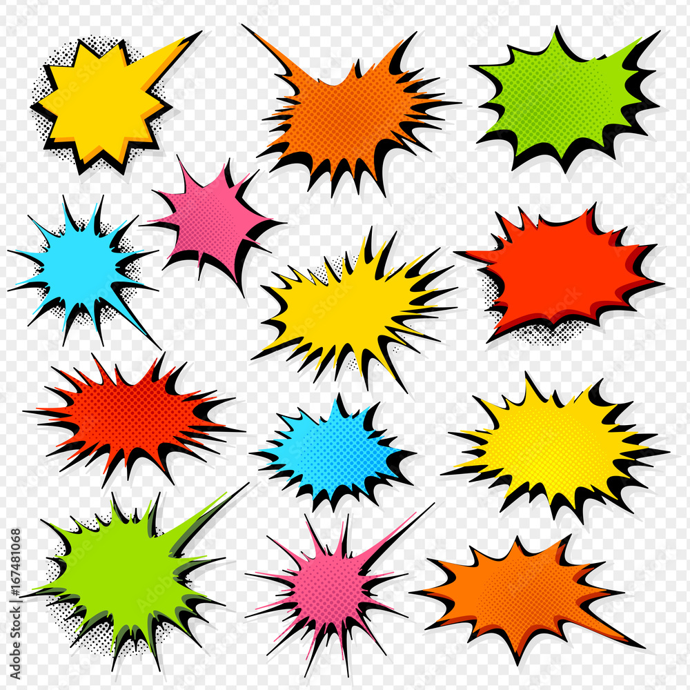 Collection of templates speech bubbles in pop art style. Elements of design comic books. Set of colorful starburst with place for text. Colored vector stickers. Collection of templates speech bubbles in pop art style. Elements of design comic books. Set of colorful starburst with place for text. Colored vector stickers.