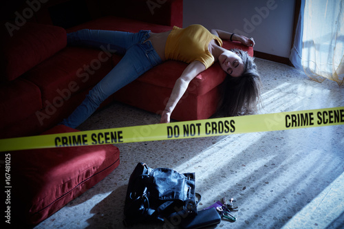 Bilde på lerret Crime scene simulation. Body of the dead college girl