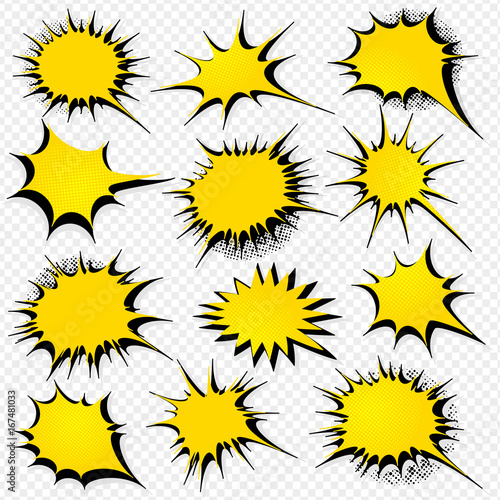 Collection of templates speech bubbles in pop art style. Elements of design comic books. Set of yellow starburst with place for text. Colored vector stickers.