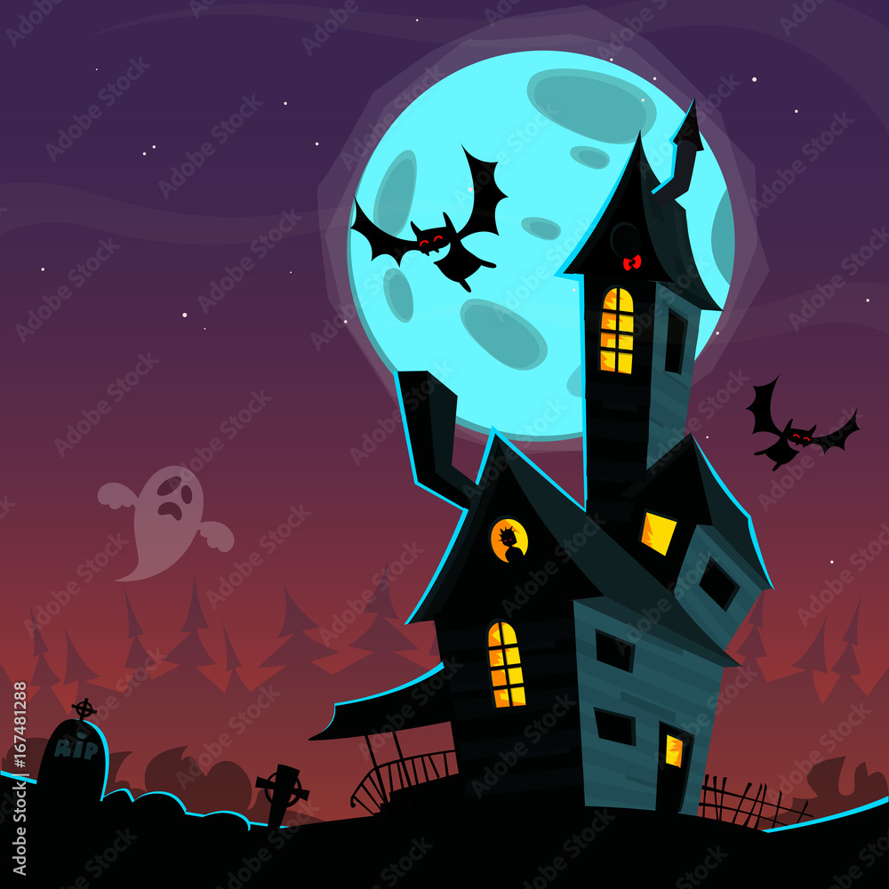 Cartoon scary haunted house. Halloween vector background illustration Stock  Vector | Adobe Stock