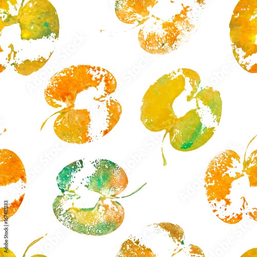 Green-orange halved apples painted watercolor, textured prints. Summer seamless pattern with imprints of apples. Handmade stamp fruits. Vector background