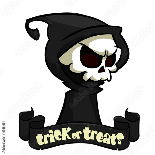 Cute cartoon grim reaper with scythe isolated on white. Vector illustration with a ribbon and title trick or treats