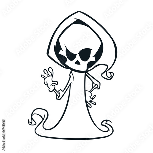 Cute cartoon grim reaper with scythe isolated on white. Cute Halloween skeleton death character outlines. Line art for coloring book