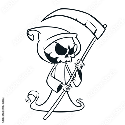 Cute cartoon grim reaper with scythe isolated on white. Cute Halloween skeleton death character outlines. Line art for coloring book