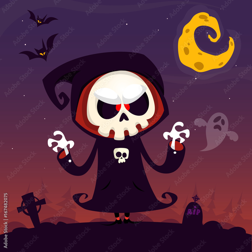 Cute cartoon grim reaper with scythe poster for Halloween party. Simple background with cemetery and full moon