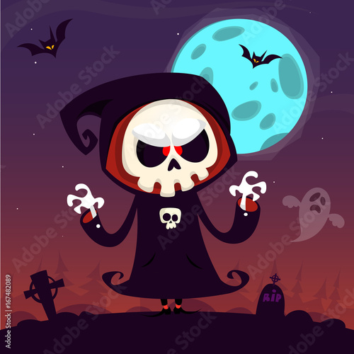 Cute cartoon grim reaper with scythe poster for Halloween party. Simple background with cemetery and full moon
