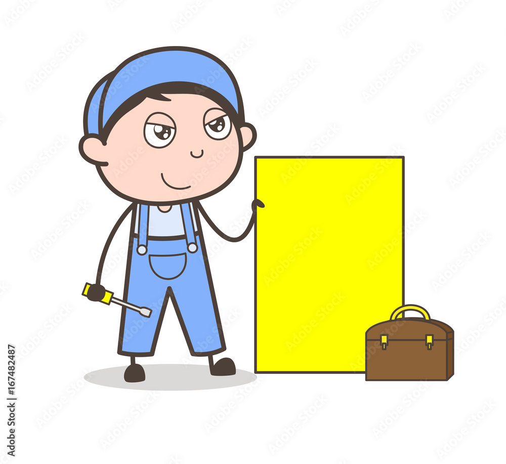 Cartoon Repairman with Advertisement Board Vector Illustration
