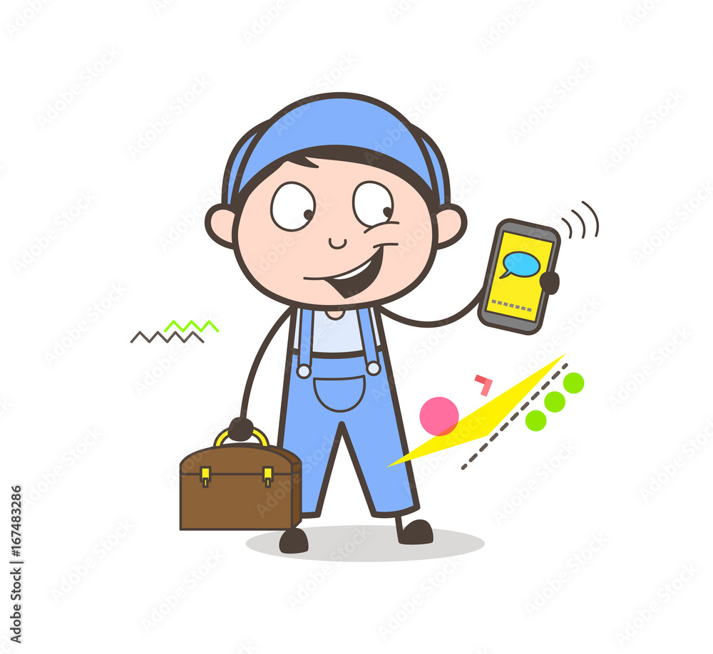 Cartoon Service Boy Showing Message in Phone Vector Cartoon Service Boy Showing Message in Phone Vector