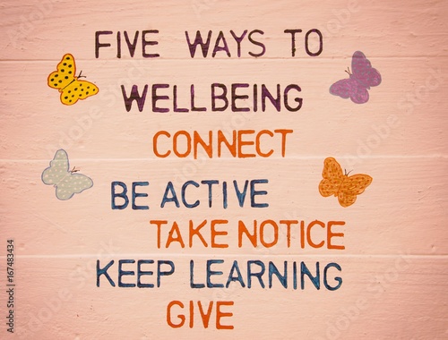Five ways to well-being on pink wood panel background