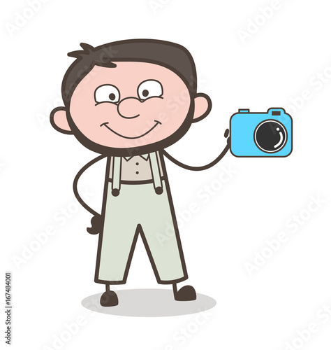 Cartoon Man Promoting a Camera Vector Illustration