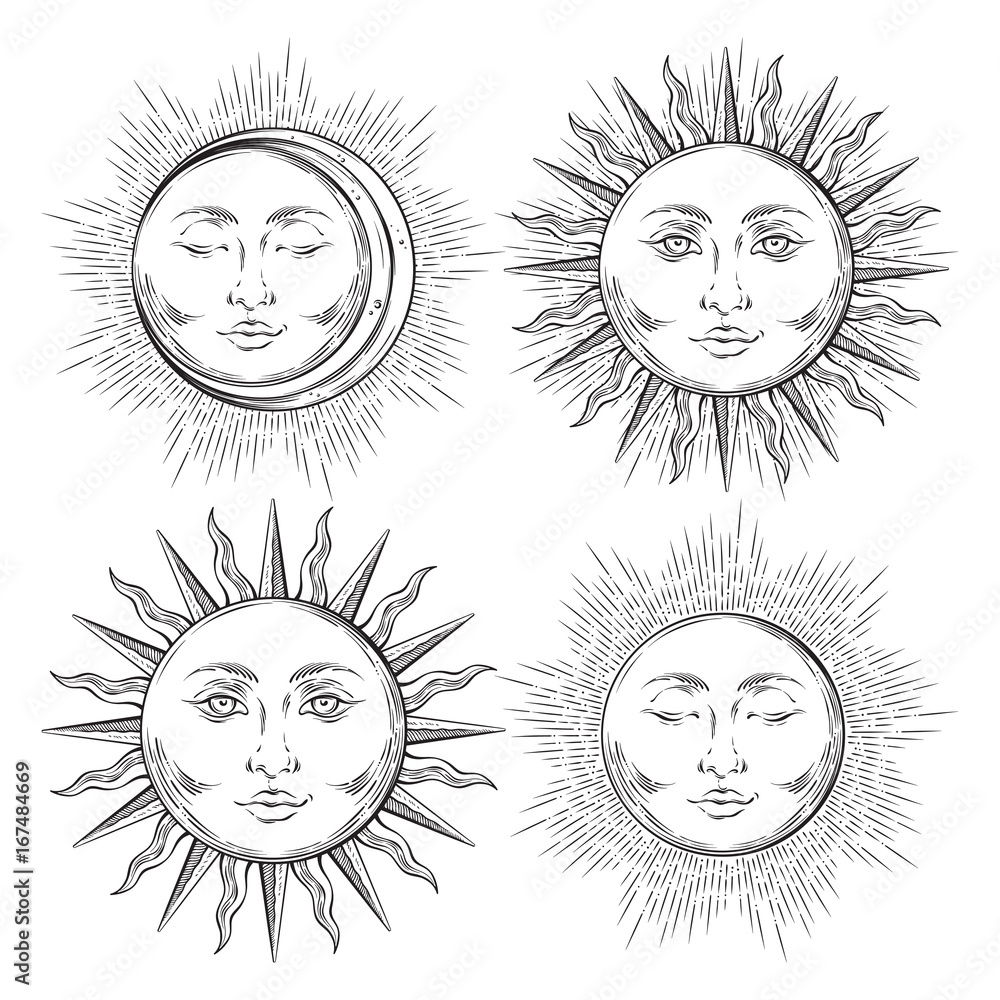 Boho chic flash tattoo design hand drawn art sun and crescent moon set ...