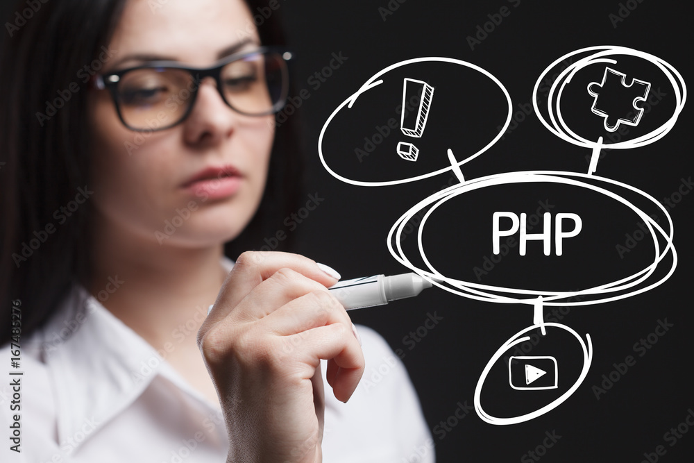 The concept of business, technology, the Internet and the network. A young entrepreneur working on a virtual screen of the future and sees the inscription: PHP The concept of business, technology, the Internet and the network. A young entrepreneur working on a virtual screen of the future and sees the inscription: PHP