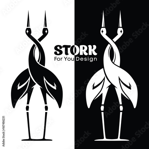 Couple of storks embracing with a twisted neck. Love affair logo.