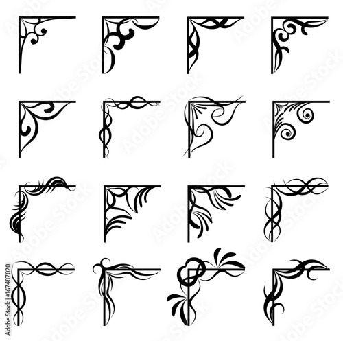 Victorian flourish corners isolated on white background. Vintage vector corner design elements for border ornaments. Decoration corners elegance illustration