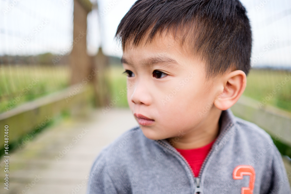 Asian boy looking at the corn field in the fall season Asian boy looking at the corn field in the fall season