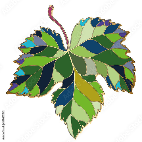 Grape autumn leaf. Mosaic, stained glass, jewelry, enamel art. Illustration for label, card, menu, decoration, covers.