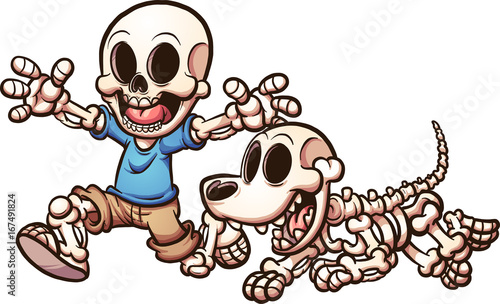 Cartoon skeleton boy and skeleton dog. Vector clip art illustration with simple gradients. Each on a separate layer. 