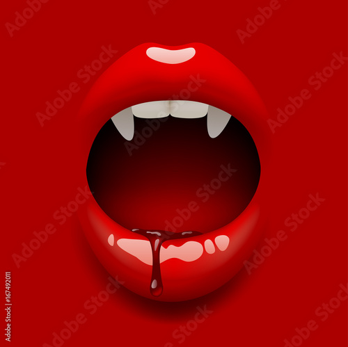 Woman's vampire open mouth with glossy sexy lips and blood on red