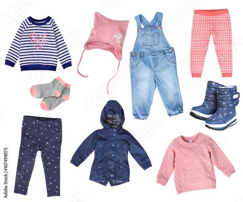 Collage of child girl fashion clothes isolated.