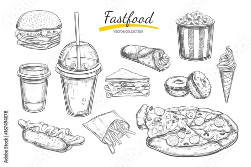 Fastfood dishes with drinks . Vector Hand drawn Isolated vector objects. Hamburger, pizza, hot dog, cheeseburger, coffee and soda cups, ice cream , french fries, popcorn , donuts, rolls, sandwich