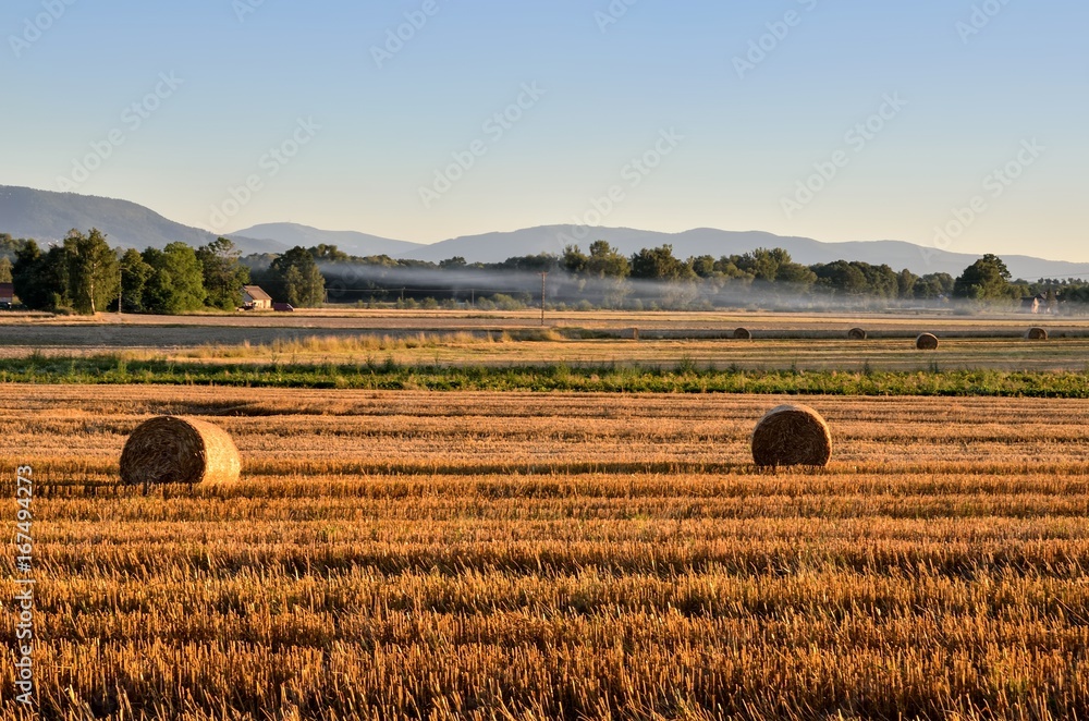 Fototapeta premium Summer rural landscape. Haystack in a meadow with mountain landscape.