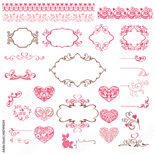 A set of pink vignettes, hearts, frames, borders for the design of postcards. Vector flourish vintage embellishments for greeting cards