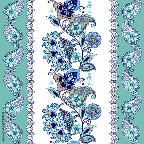 Fantastic turquoise floral ornament with paisley. Floral wallpaper. Decorative ornament for fabric, textile, wrapping paper