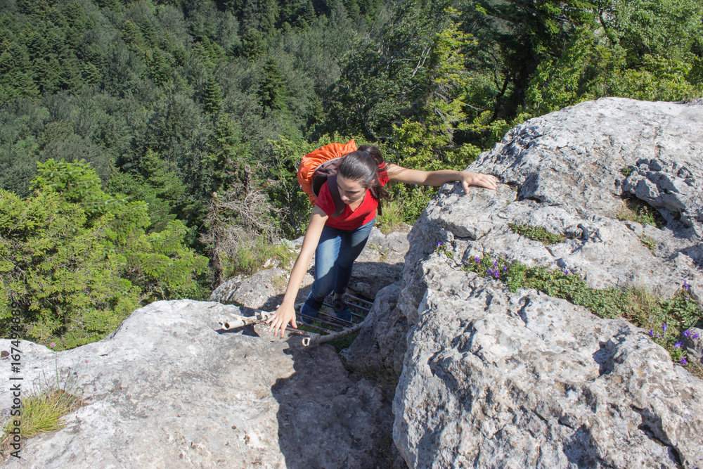 Eco tourism and healthy lifestyle concept. Young hiker girl end boy with backpack. Active hikers