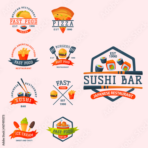 Colorful cartoon fast food label logo isolated restaurant tasty american cheeseburger badge mea meal vector illustration.