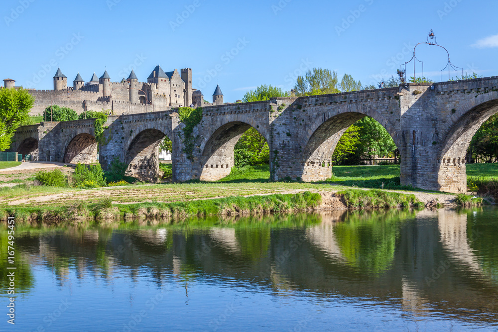 La Cite and Pont Vieux crossing the Aude river in Carcassone