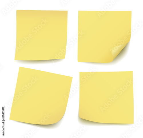 Set of four realistic blank vector yellow post it notes isolated on white background