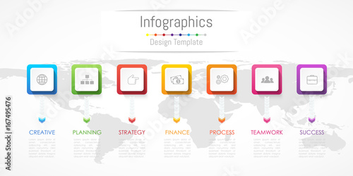 Infographic design elements for your business data with 7 options, parts, steps, timelines or processes. Vector Illustration. World map of this image furnished by NASA