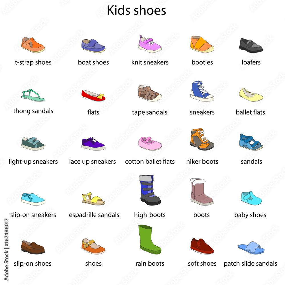 Kids shoes, set, collection of fashion footwear with names. Baby, girl,  boy, child, childhood. Vector design isolated illustration. Black outlines,  colored images, blue background. Stock Vector | Adobe Stock