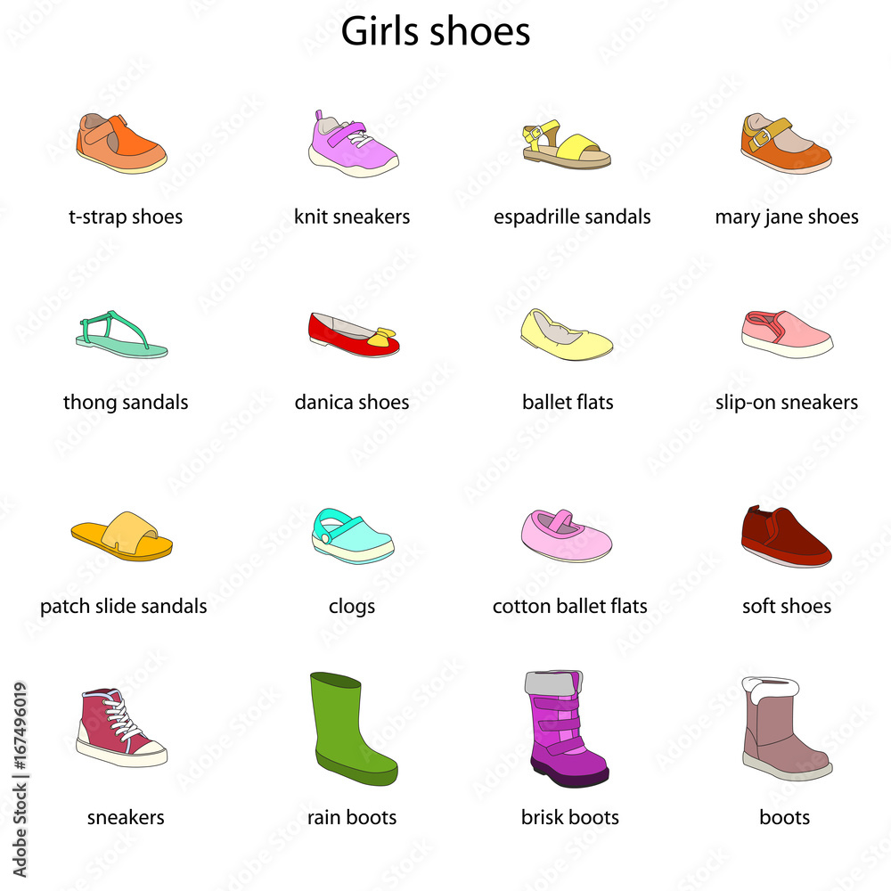 Girls shoes, set, collection of fashion footwear with names. Baby ...