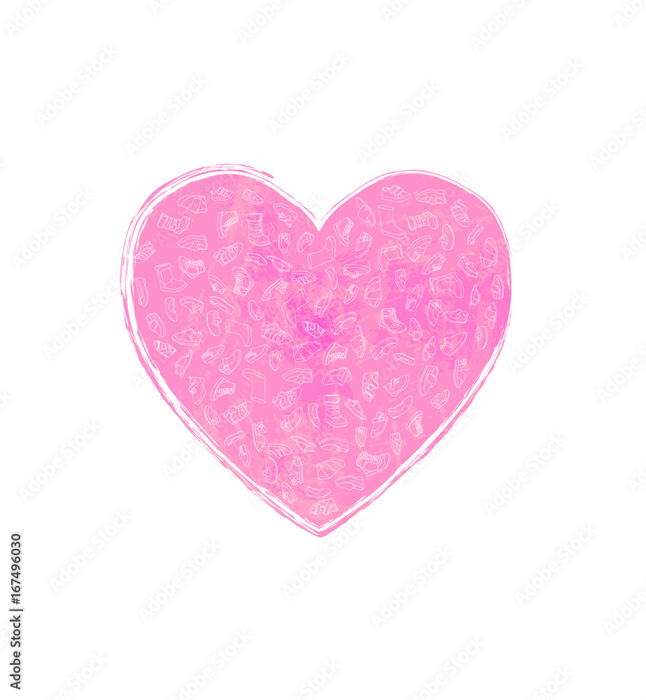 Kids shoes, set, collection of fashion footwear, poster in shape of heart. Baby, girl, boy, child, childhood. Vector design isolated illustration. White outlines, pink watercolor background.