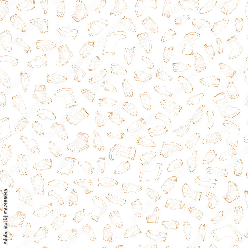 Kids shoes, set, collection of fashion footwear, seamless pattern. Baby, girl, boy, child, childhood. Vector design isolated illustration. Brown outlines, white background. Kids shoes, set, collection of fashion footwear, seamless pattern. Baby, girl, boy, child, childhood. Vector design isolated illustration. Brown outlines, white background.
