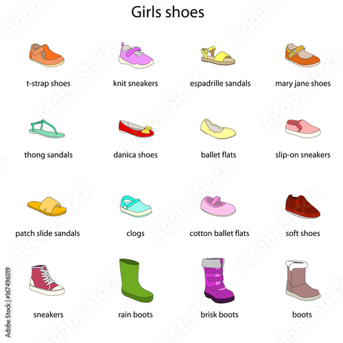 Girls shoes, set, collection of fashion footwear with names. Baby, kid, child, childhood. Vector design isolated illustration. Black outlines, colored images, white background.