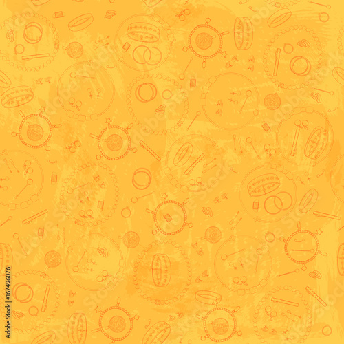 Jewelry, set, luxury collection, seamless pattern. Vector design isolated illustration. Orange outlines, gold watercolor background. photo