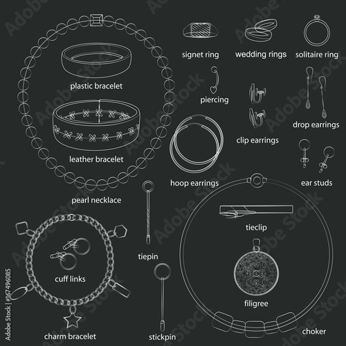 Set of jewelry illustrations. Black background, white outline, names. Isolated images for your design. Vector. photo