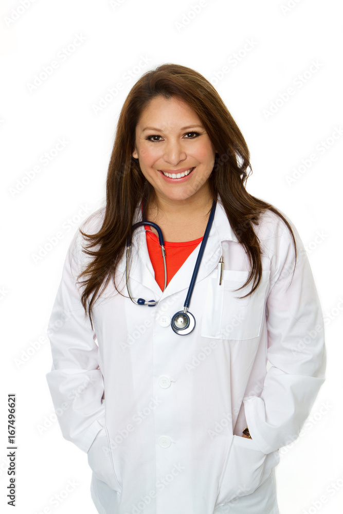 Friendly Hispanic doctor smiling.