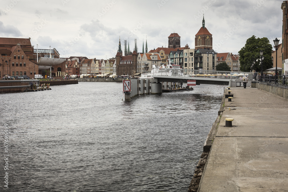 Cityscape on the Motława River in historic city of Gdansk, Poland.